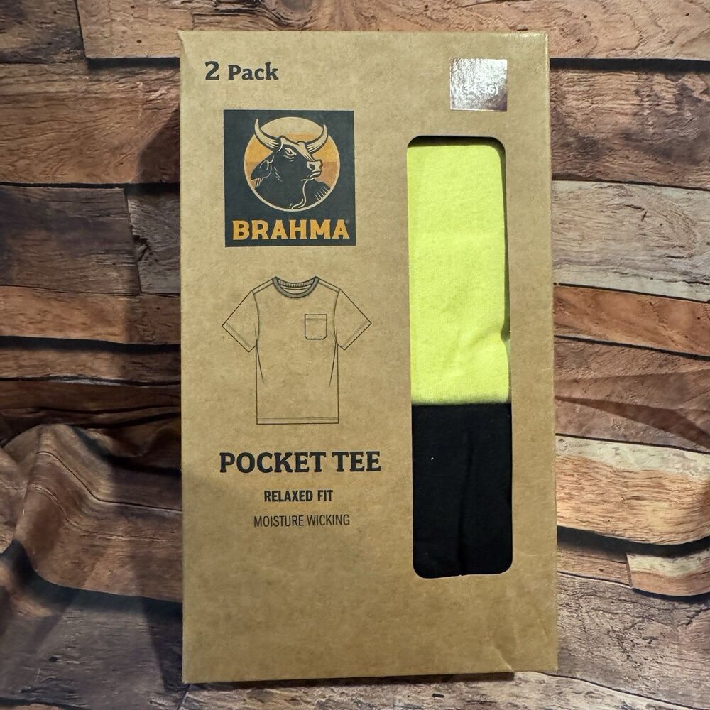 New Brahma Pocket Tee 2 Pack Mens S Small Black Neon Yellow Work T Shirts 34 36